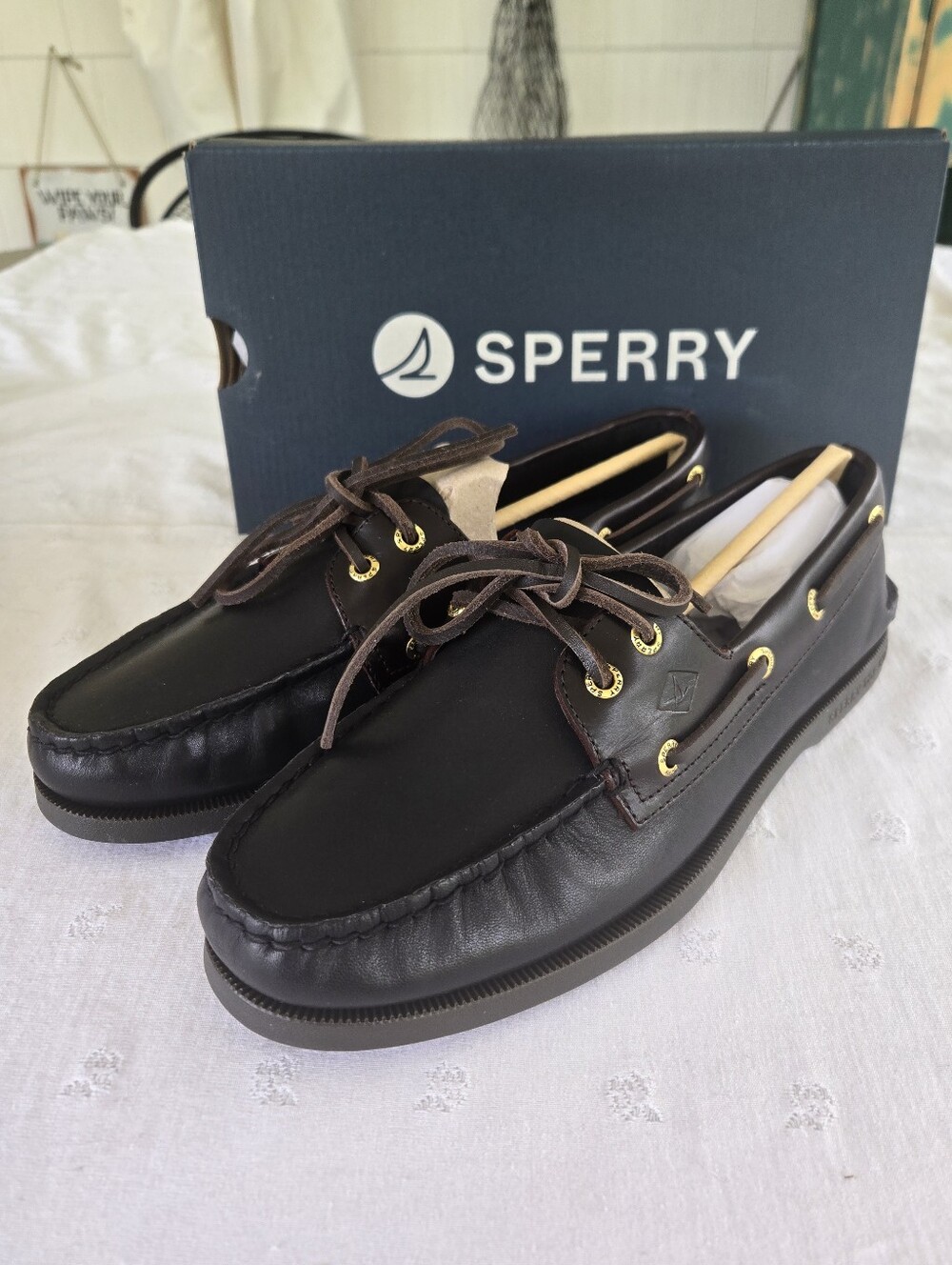 NIB Sperry Men's AO 2 Eye Boat Shoes in Black Noir Leather Size 8